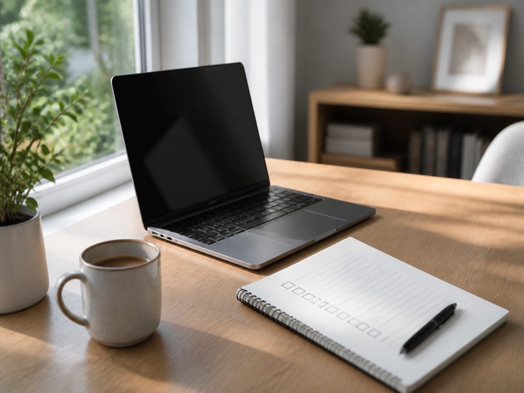 Aufgeräumter Home-Office-Arbeitsplatz mit Laptop am Fenster